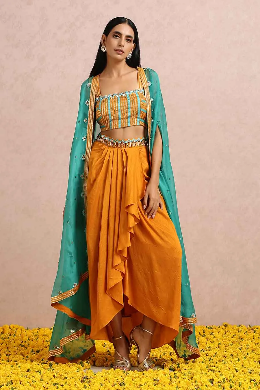Rust Silk Dhoti Set With Teal Cape