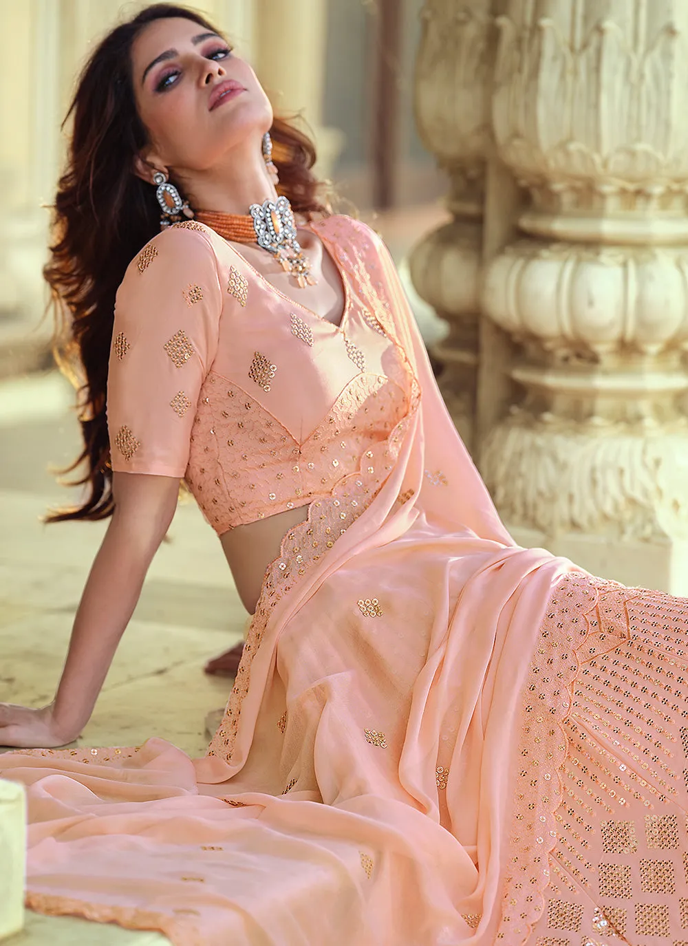 Sangeet Lehenga Choli Thread Faux Georgette In Pink