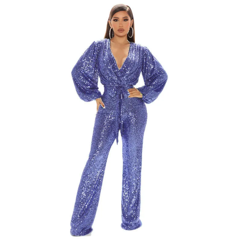Sequin-Embellished V-Neck Long Sleeve Jumpsuit