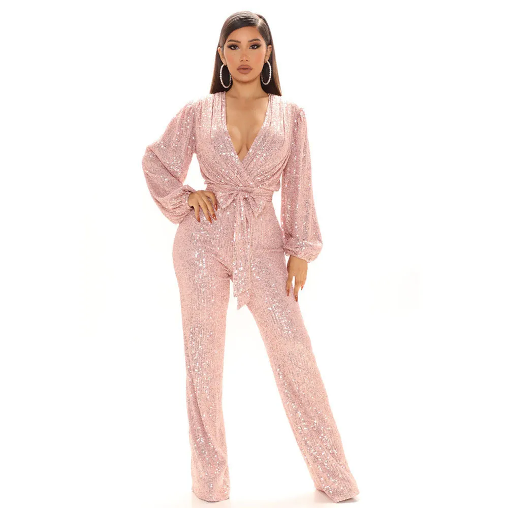 Sequin-Embellished V-Neck Long Sleeve Jumpsuit