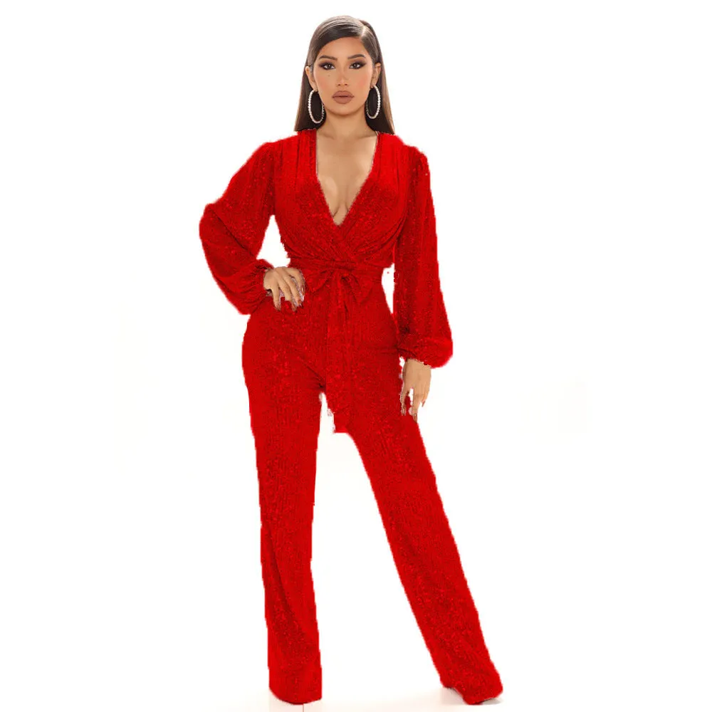 Sequin-Embellished V-Neck Long Sleeve Jumpsuit
