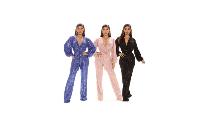 Sequin-Embellished V-Neck Long Sleeve Jumpsuit