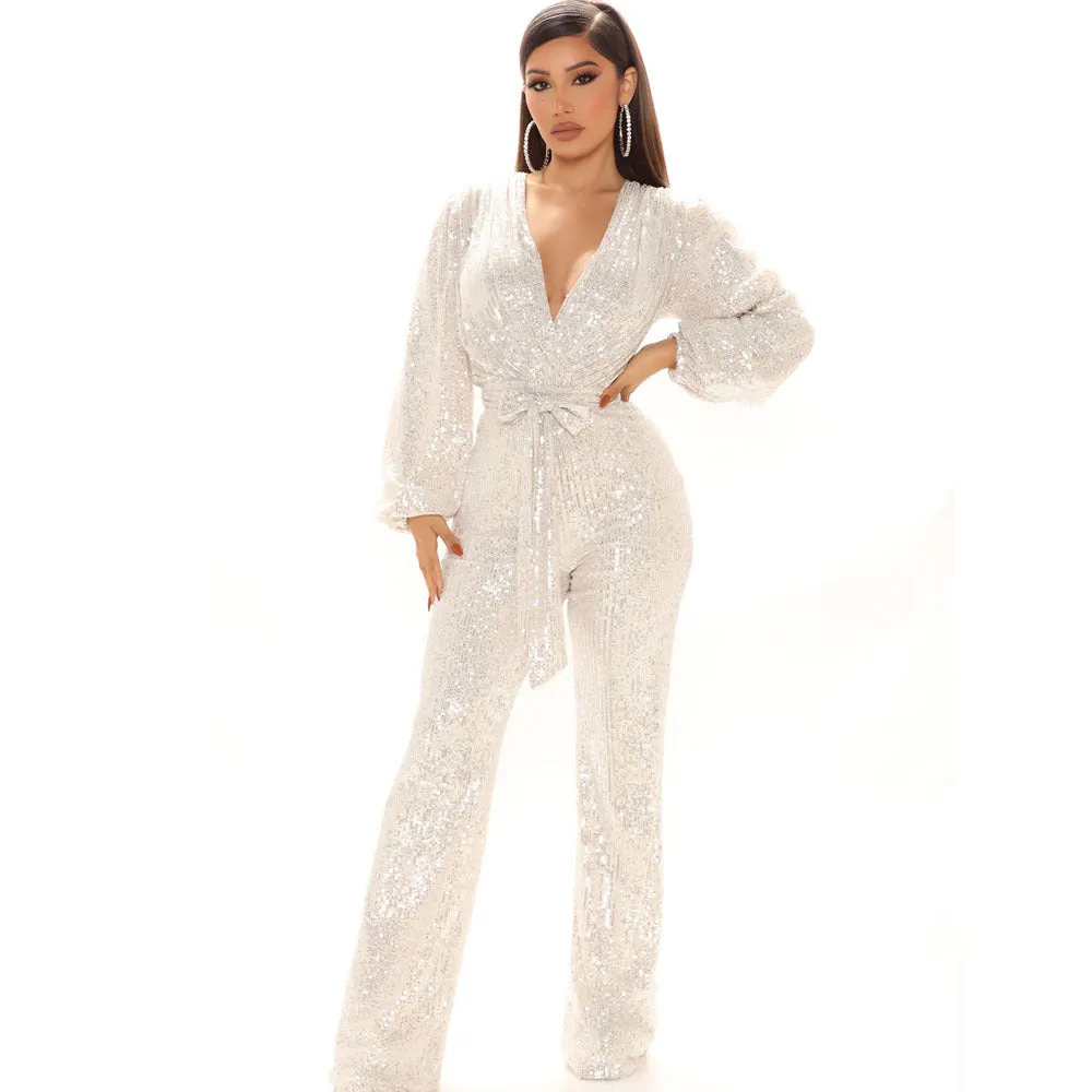 Sequin-Embellished V-Neck Long Sleeve Jumpsuit