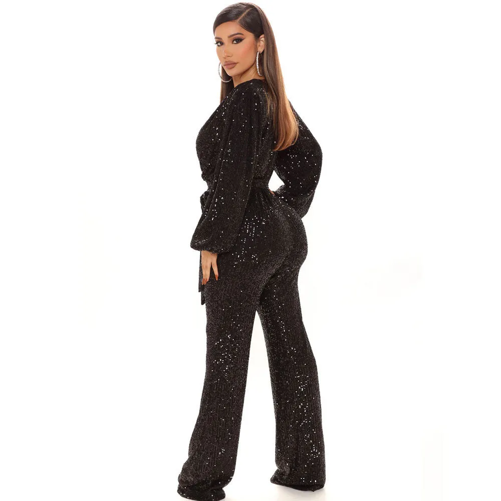 Sequin-Embellished V-Neck Long Sleeve Jumpsuit