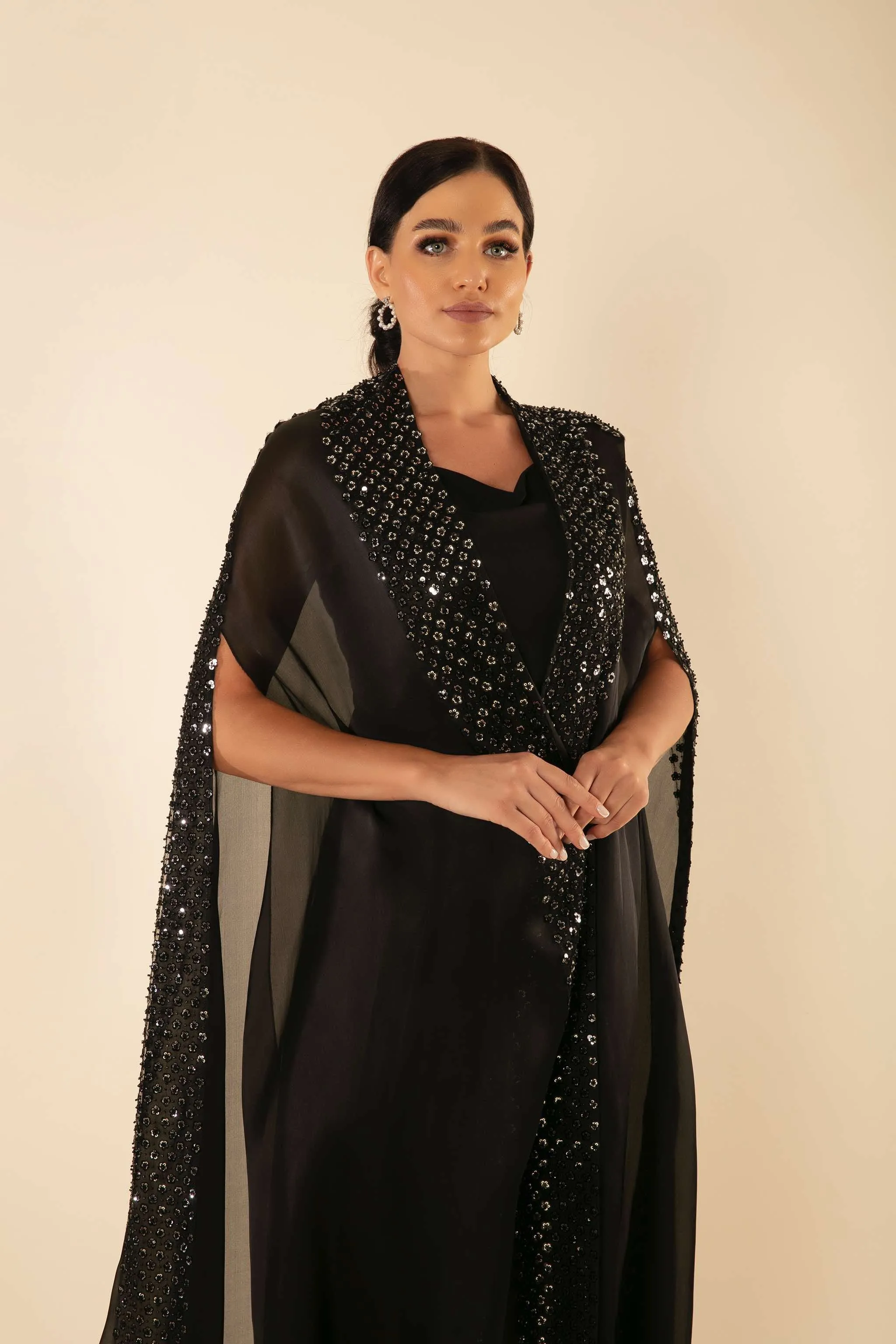 SEQUIN EMBELLISHMENTS CAPE IN BLACK