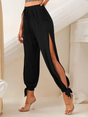 Sexy Plain Tie Front High Waist Cropped Women Pants