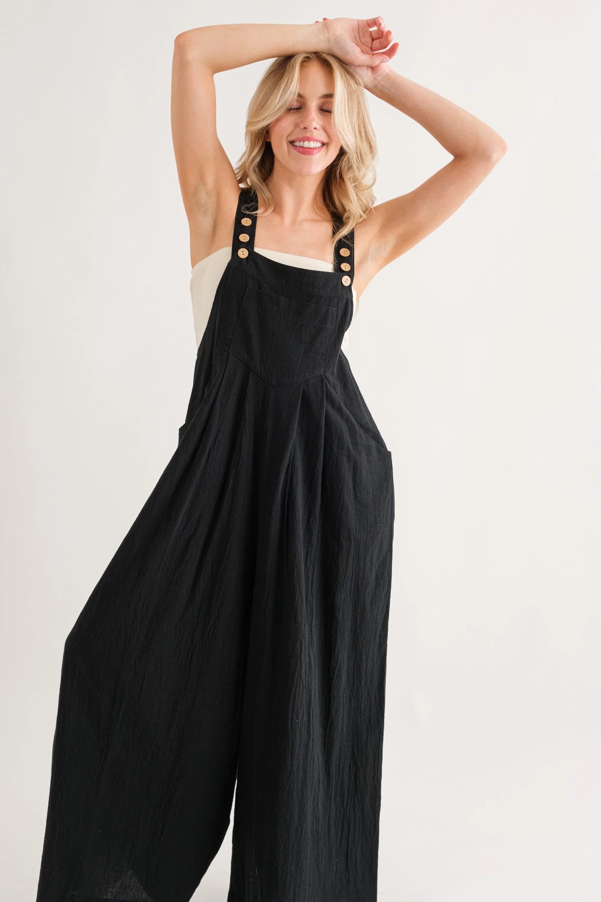 She Gone Linen Three Buttons Adjustable Strap Jumpsuit - Final Sale