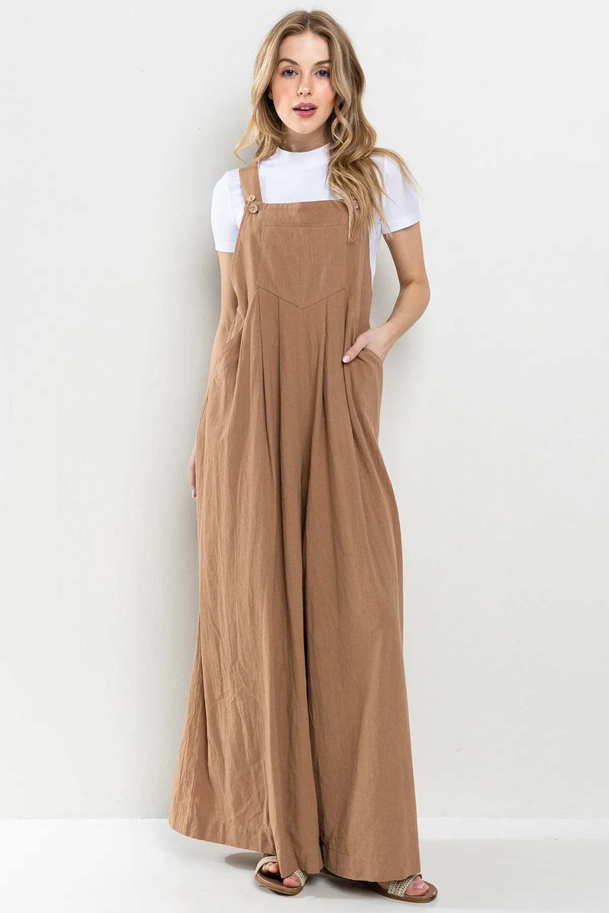 She Gone Linen Three Buttons Adjustable Strap Jumpsuit - Final Sale