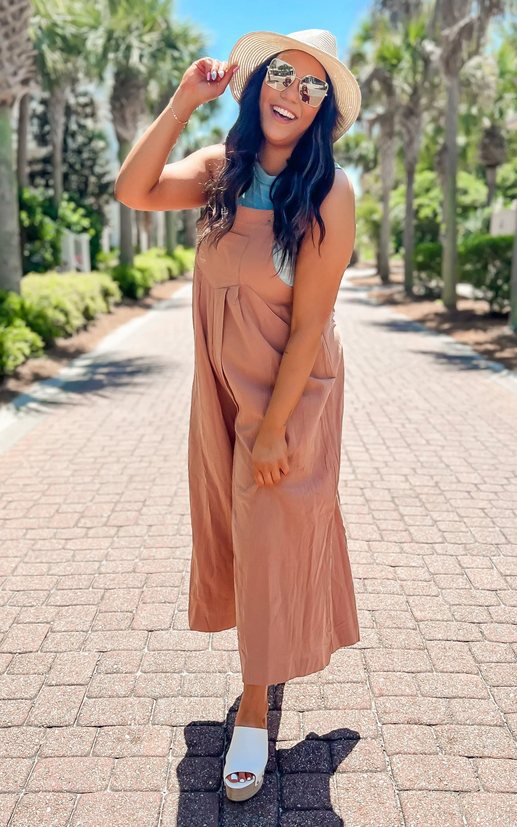 She Gone Linen Three Buttons Adjustable Strap Jumpsuit - Final Sale