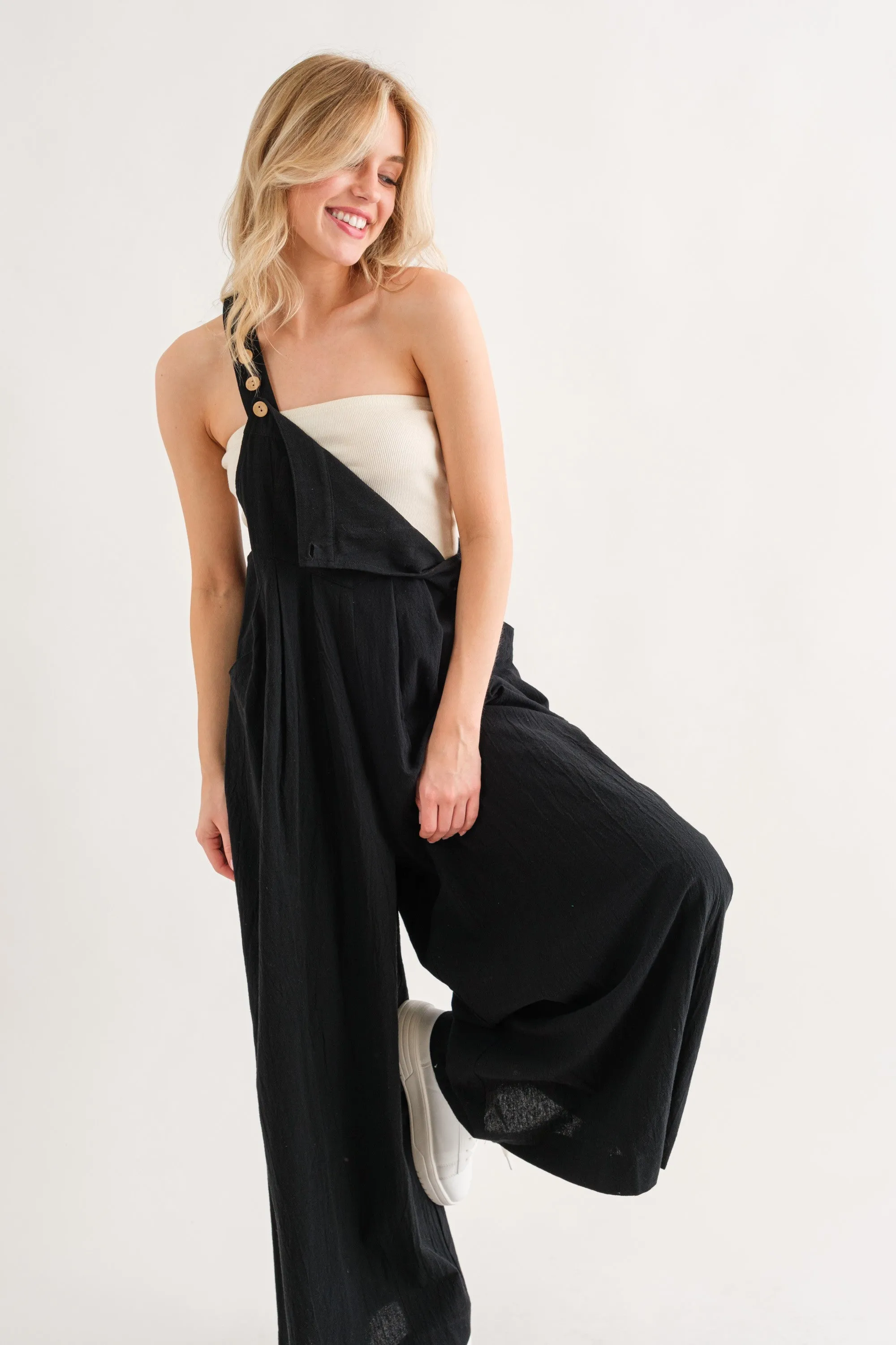She Gone Linen Three Buttons Adjustable Strap Jumpsuit - Final Sale
