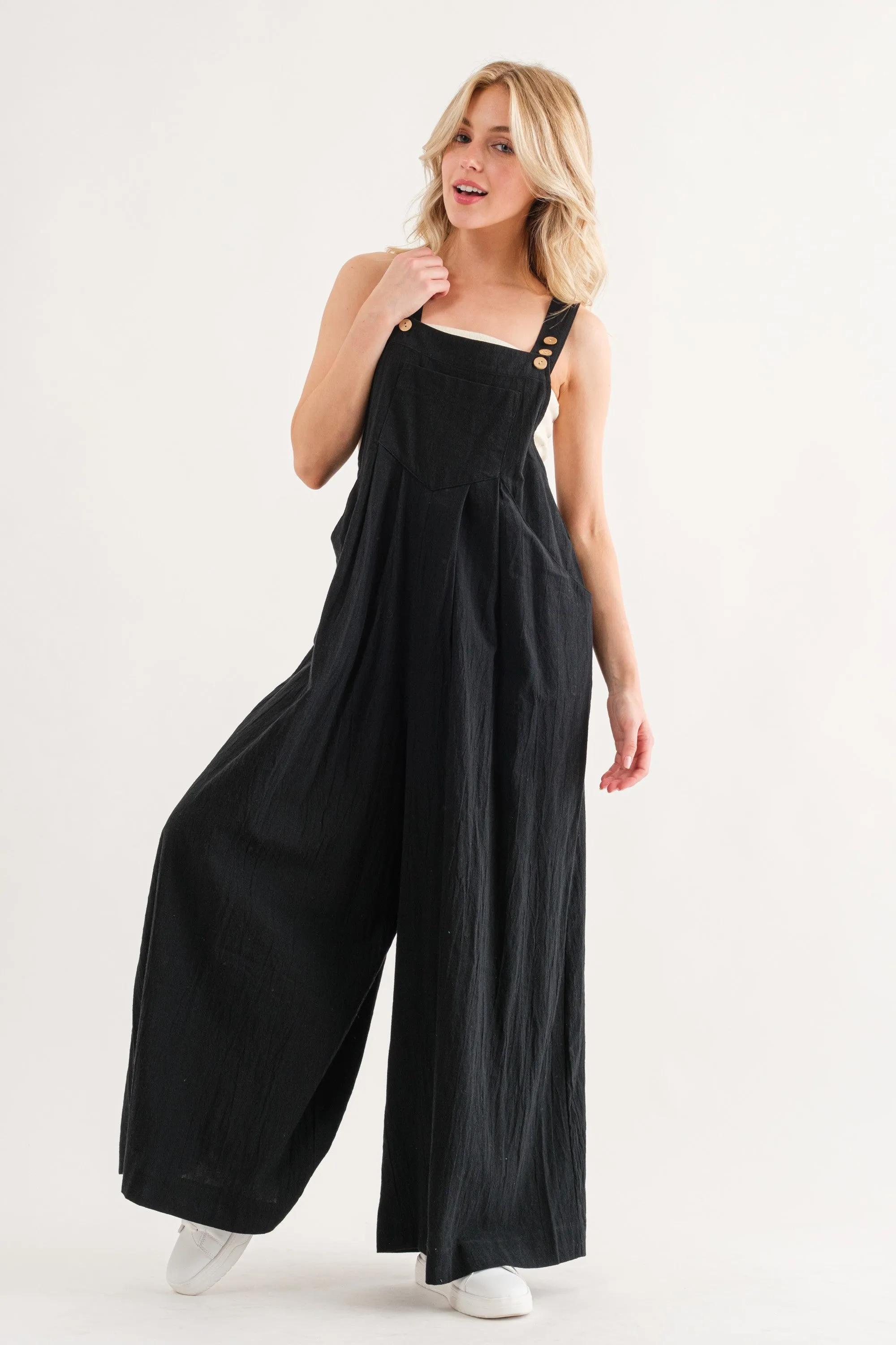 She Gone Linen Three Buttons Adjustable Strap Jumpsuit - Final Sale
