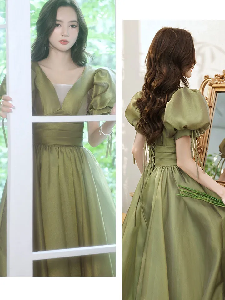 Simple Green V Neck Tulle Long Prom Dress, Green Evening Dresses