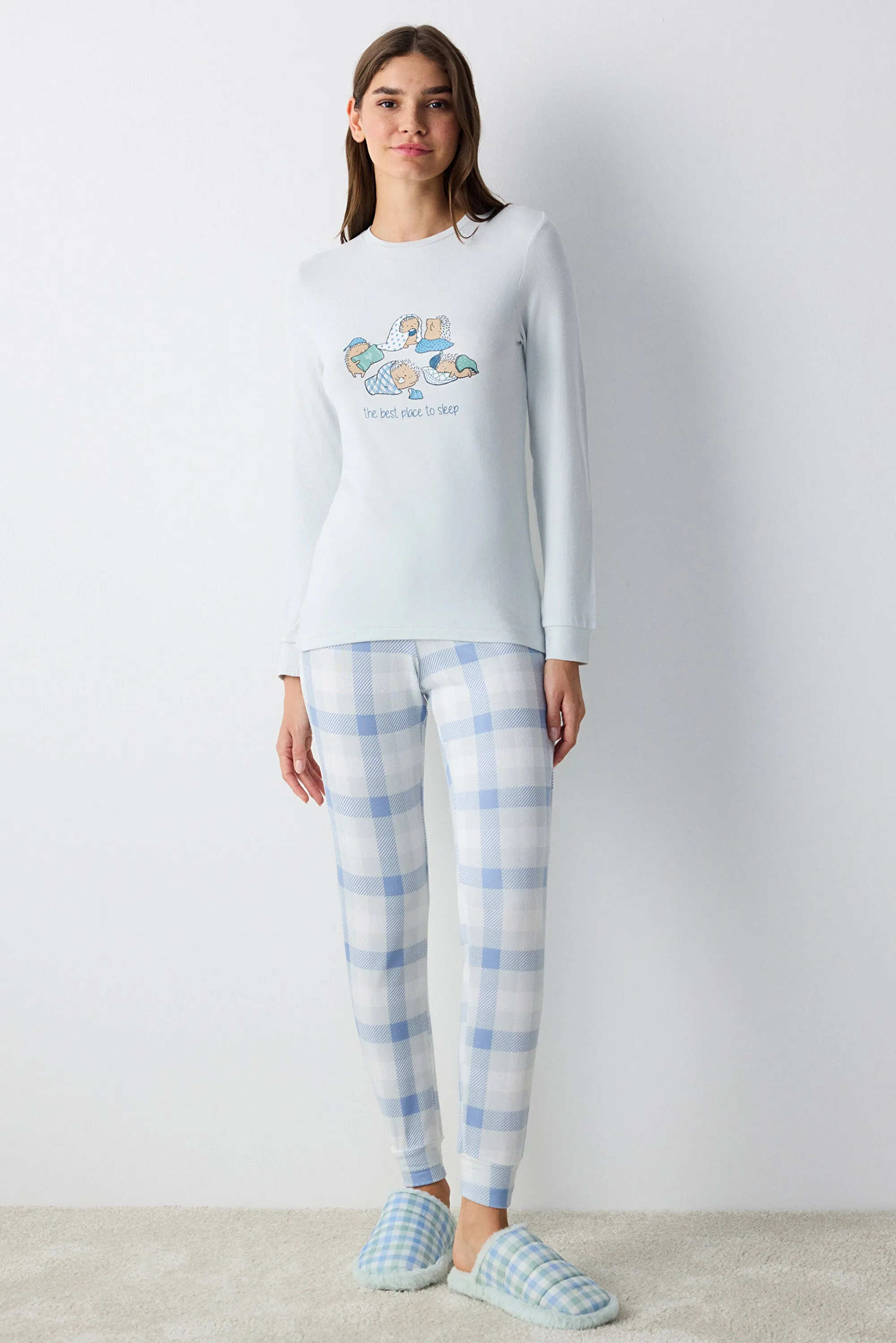Sleepy Gingham Light Blue Thermal Pajama Bottoms