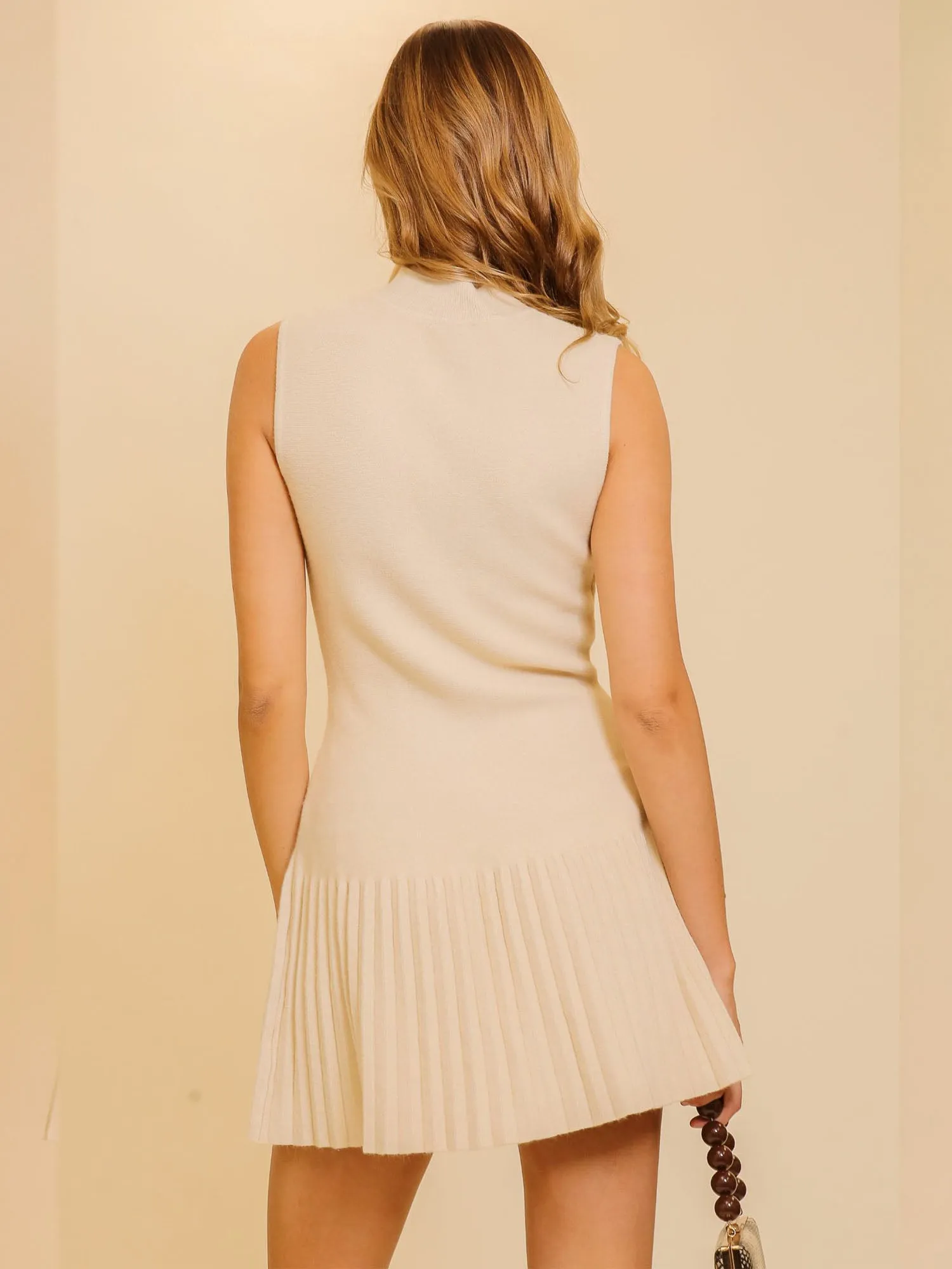 Sleeveless Mock Neck Pleated Sweater Dress