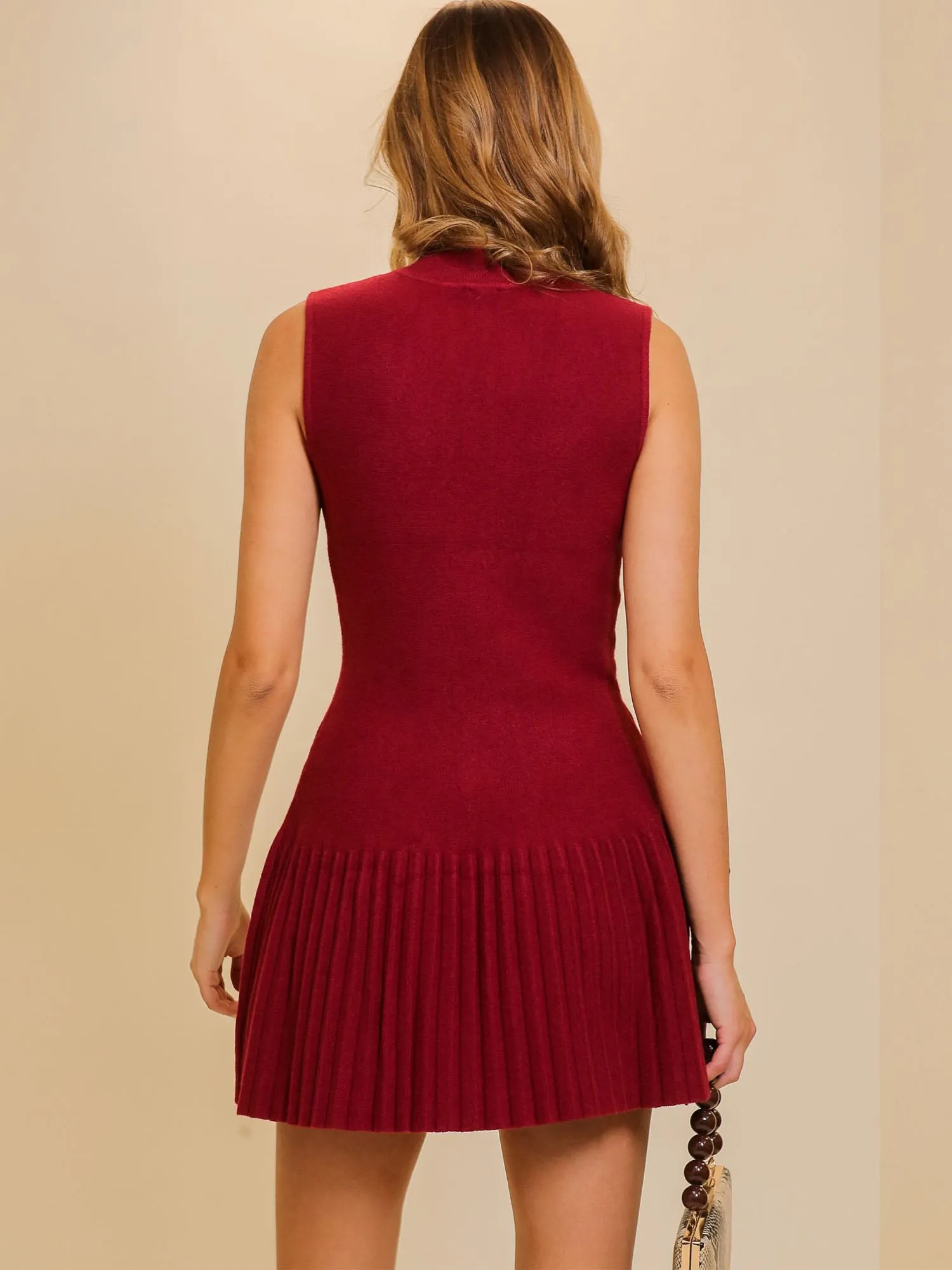 Sleeveless Mock Neck Pleated Sweater Dress