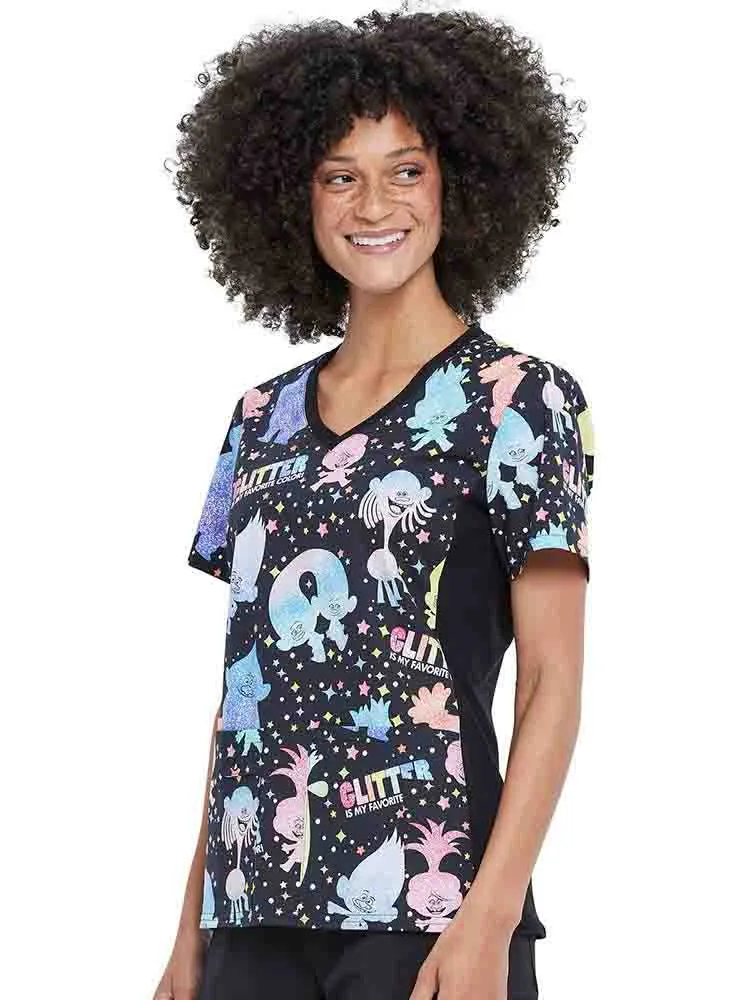 Tooniforms Women's V-neck Knit Panel Print Top | Glitter Trolls