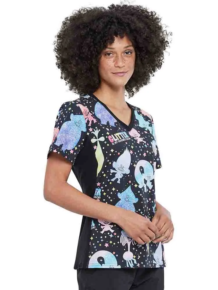 Tooniforms Women's V-neck Knit Panel Print Top | Glitter Trolls