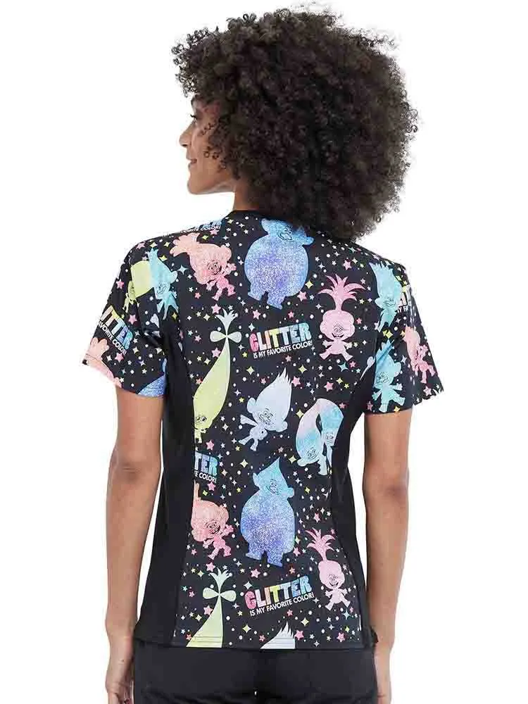 Tooniforms Women's V-neck Knit Panel Print Top | Glitter Trolls