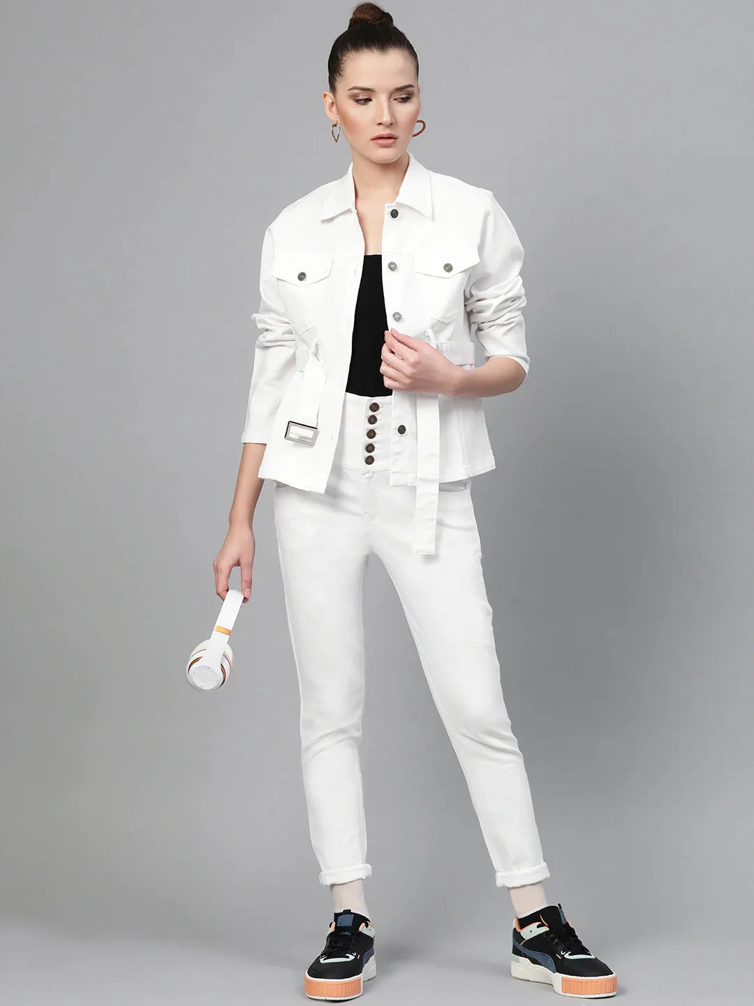 White Metal Button High Waist Jeans