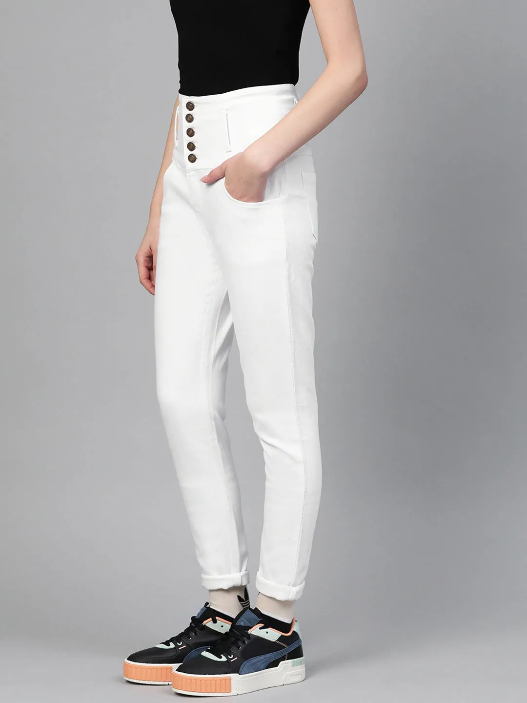 White Metal Button High Waist Jeans