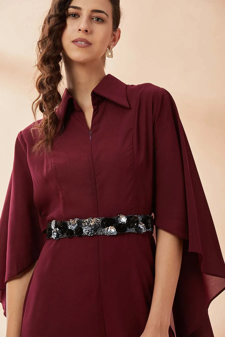 Wine Cape Jumpsuit With Belt