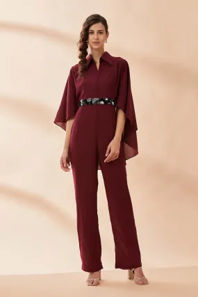 Wine Cape Jumpsuit With Belt