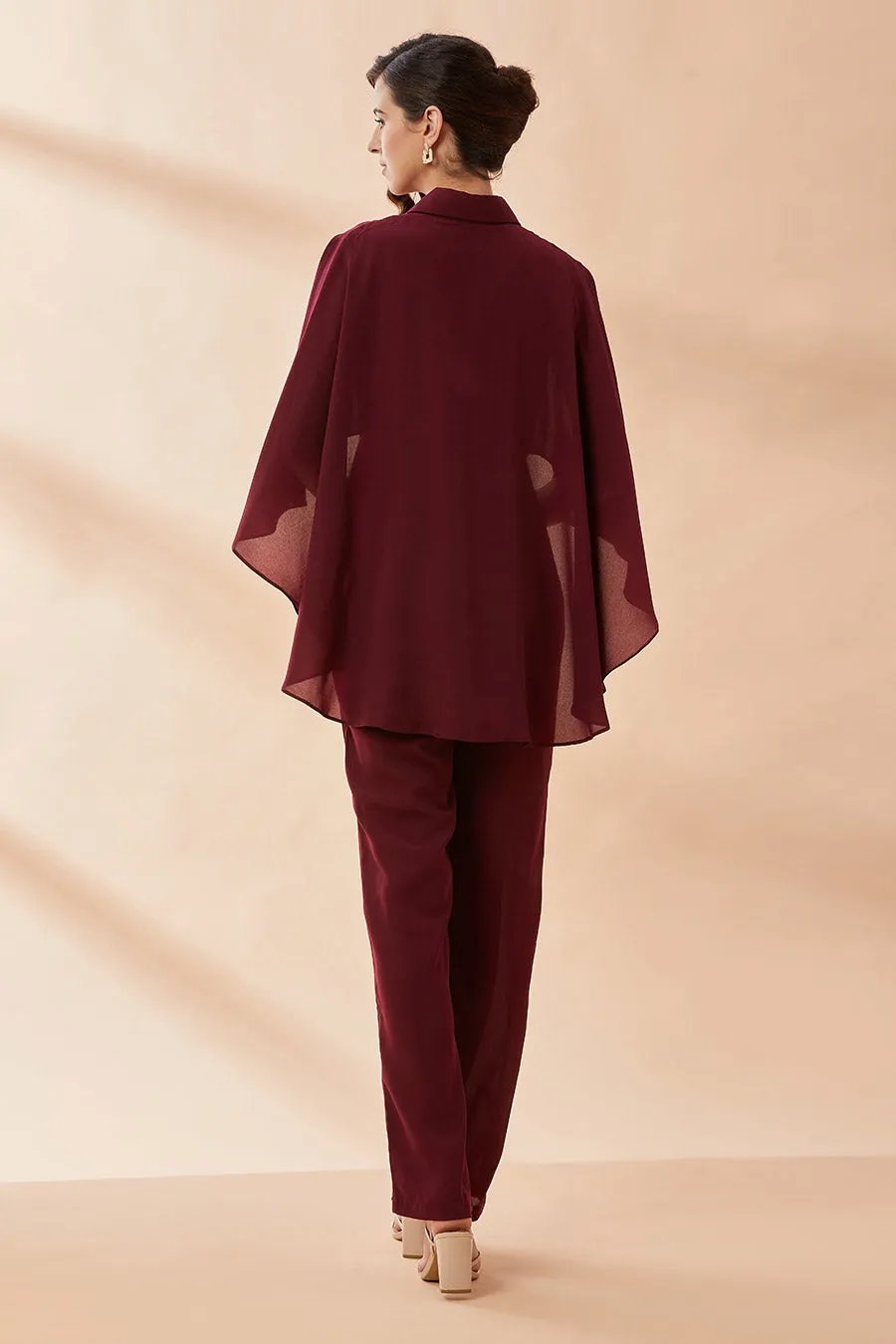 Wine Cape Jumpsuit With Belt