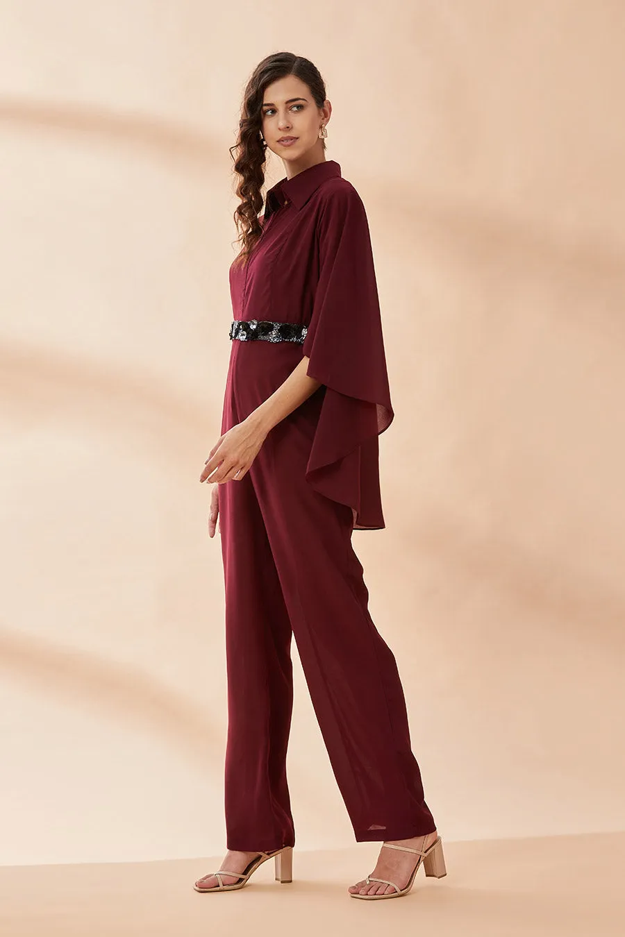 Wine Cape Jumpsuit With Belt