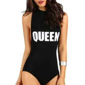Women Letter Print Bodysuit - Queen