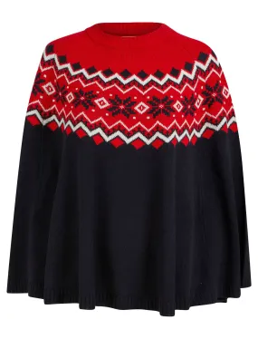 Women's Elin Snowflake Print Novelty Knitted Poncho Cape in Ink - Merry Christmas