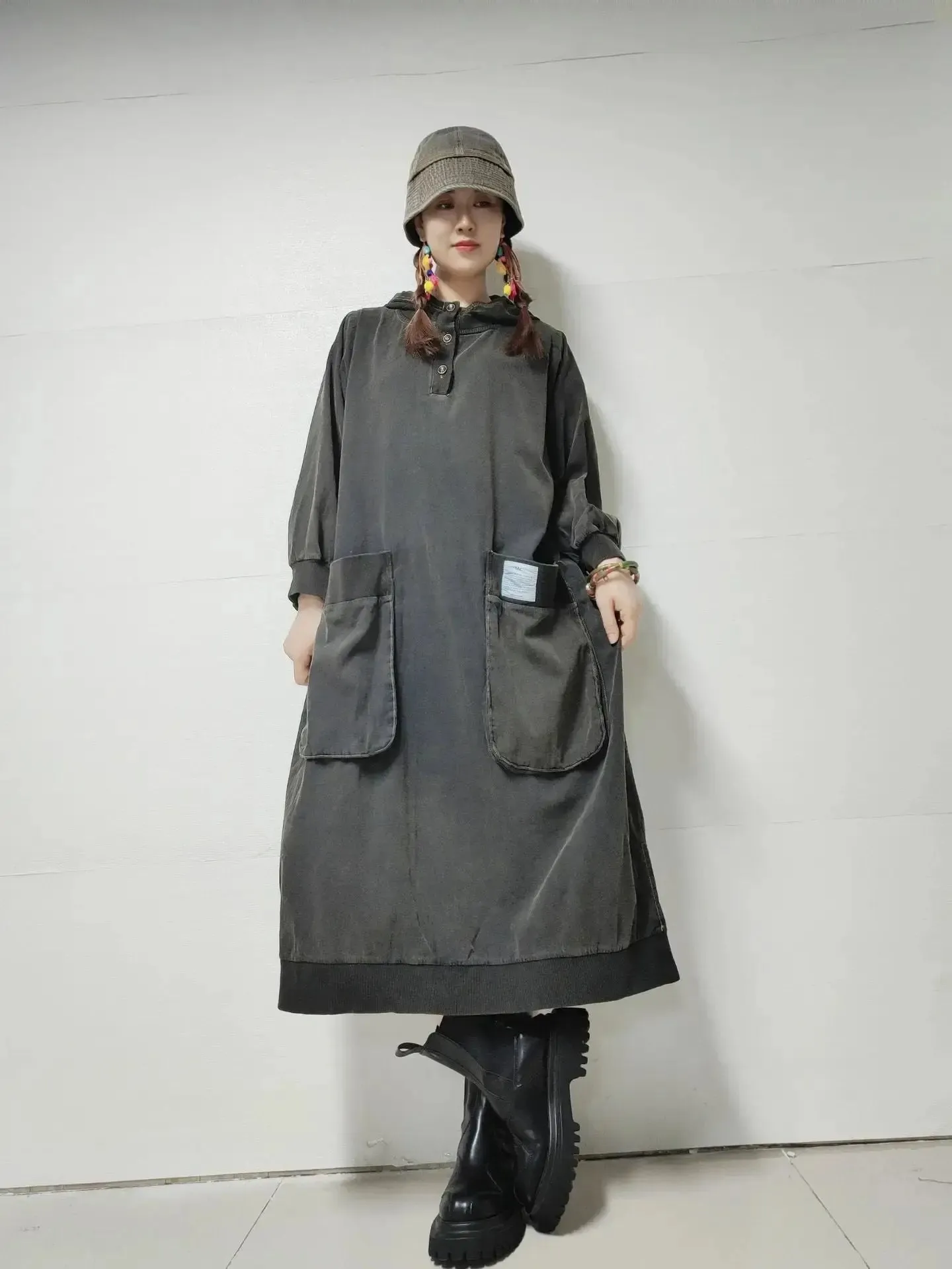 Women's Retro Dress Style Loose Fit Hooded Denim Dress for Spring
