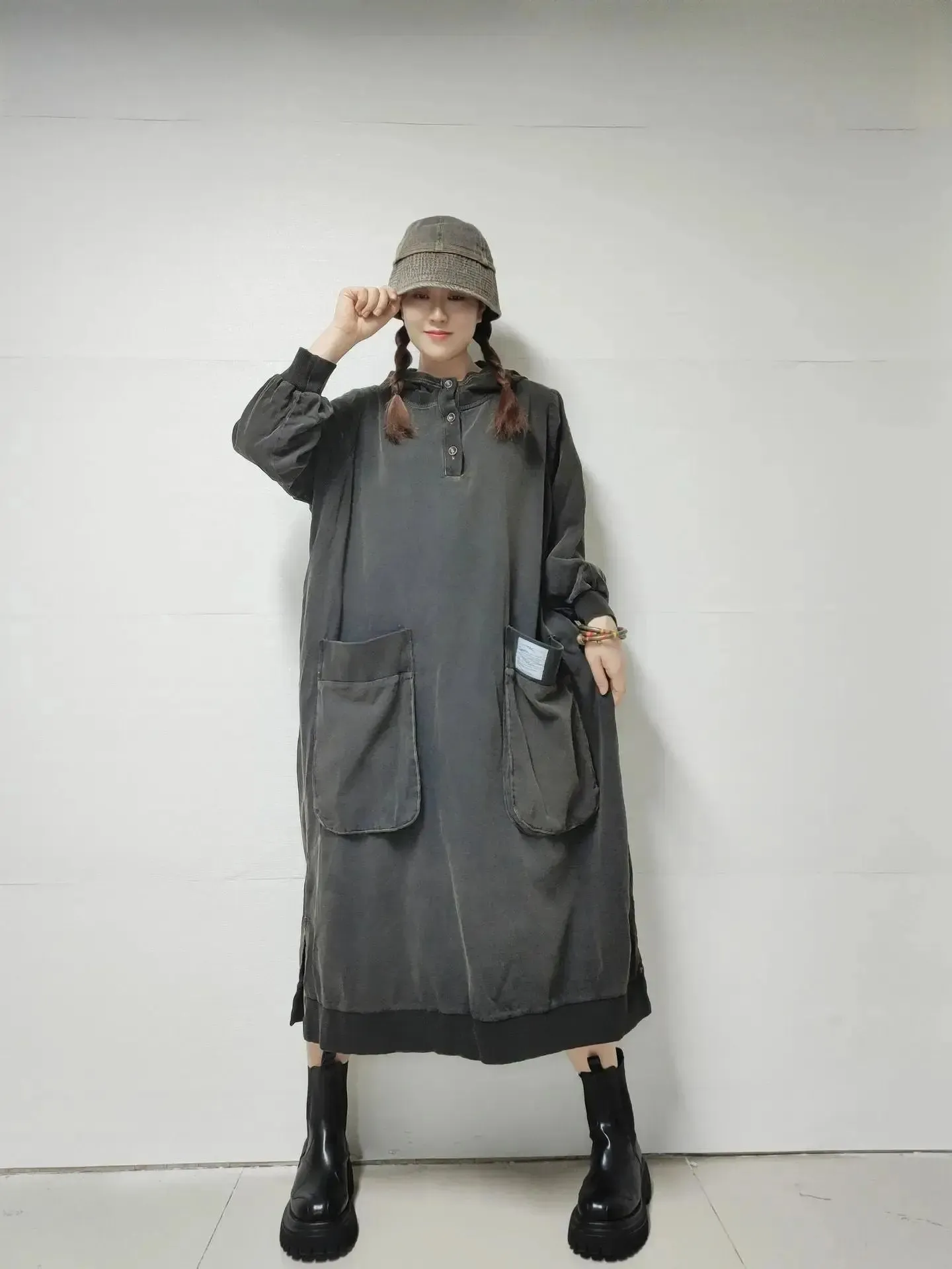 Women's Retro Dress Style Loose Fit Hooded Denim Dress for Spring