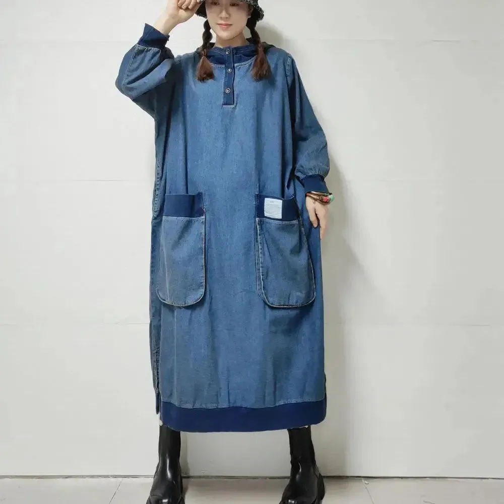 Women's Retro Dress Style Loose Fit Hooded Denim Dress for Spring