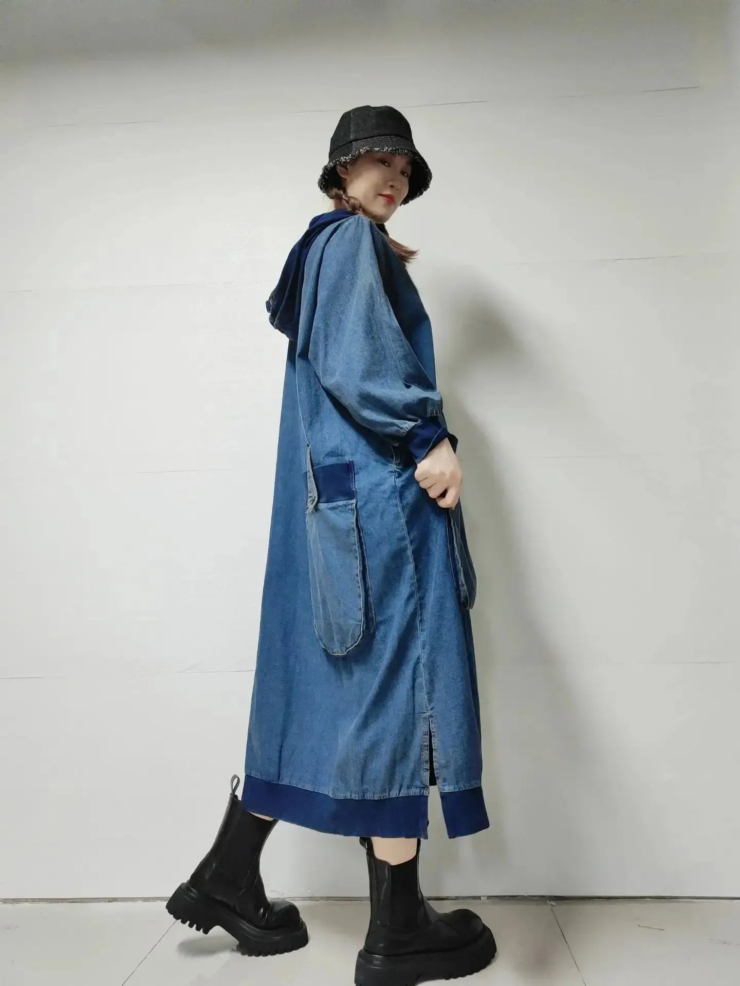 Women's Retro Dress Style Loose Fit Hooded Denim Dress for Spring