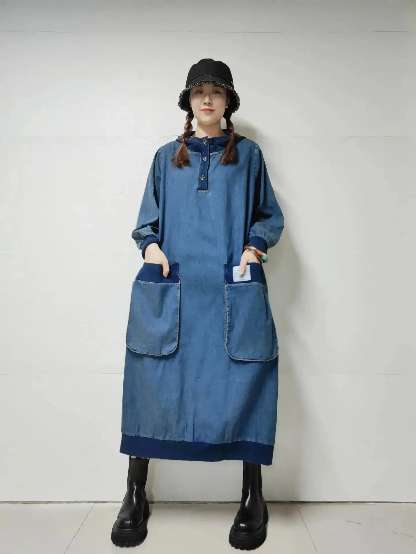 Women's Retro Dress Style Loose Fit Hooded Denim Dress for Spring