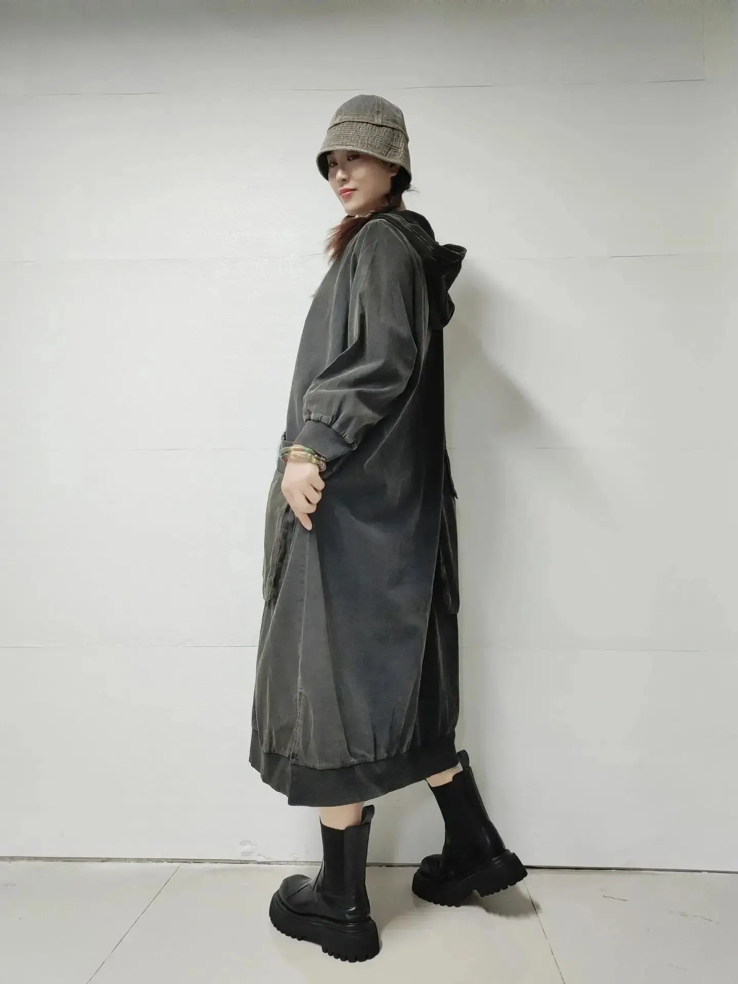 Women's Retro Dress Style Loose Fit Hooded Denim Dress for Spring