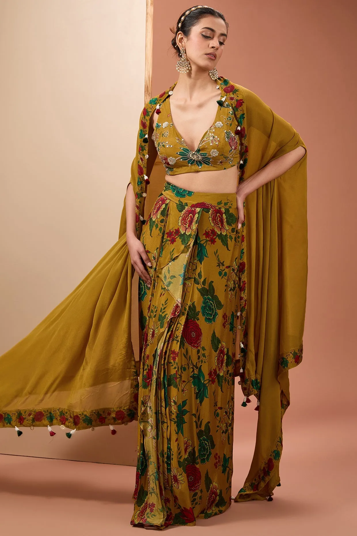 Yellow Viscose Chinon Digital Print Floral Draped Skirt Set With Cape For Women